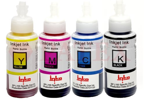 Inko Комплект чернил (цветной краски) для принтеров Epson L210, L100, L200, L300, L500, L550, (L-type флакон, 4х70 мл.) Комплект чернил Inko для Epson (Эпсон) L100, L200, L300, L500, L550, (L-type флакон, 4х70 мл.)